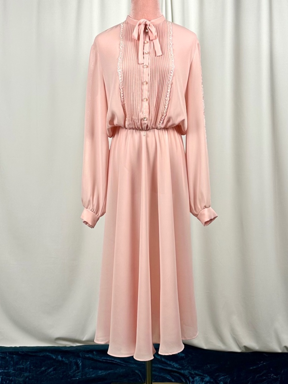 Vintage Algo Pink Prairie Dress Lace Pleated Tie Neck Romantic Midi S/M